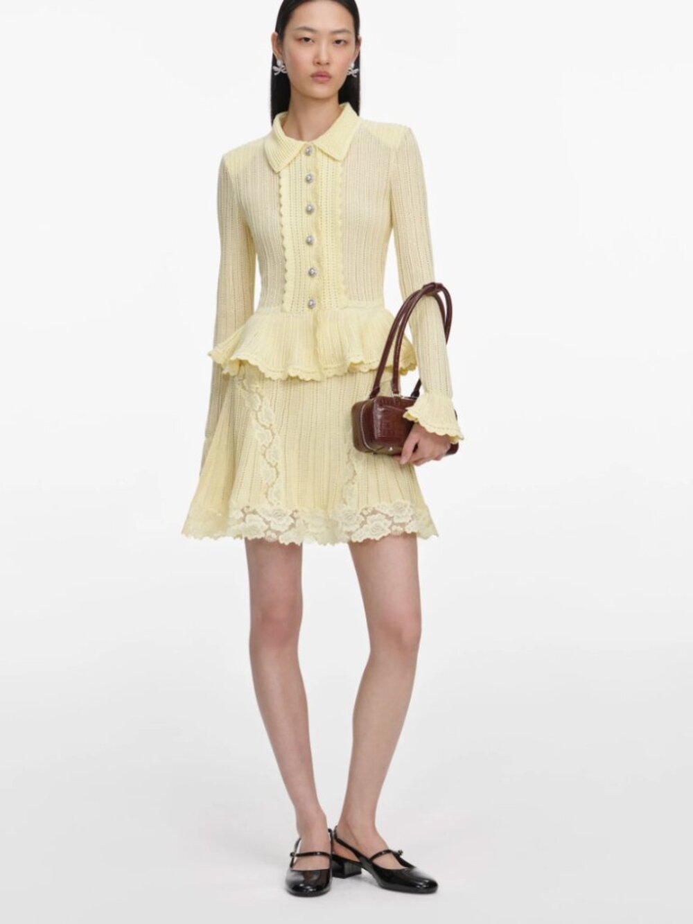 self-portrait - Yellow Pointelle Peplum Knit Mini Dress